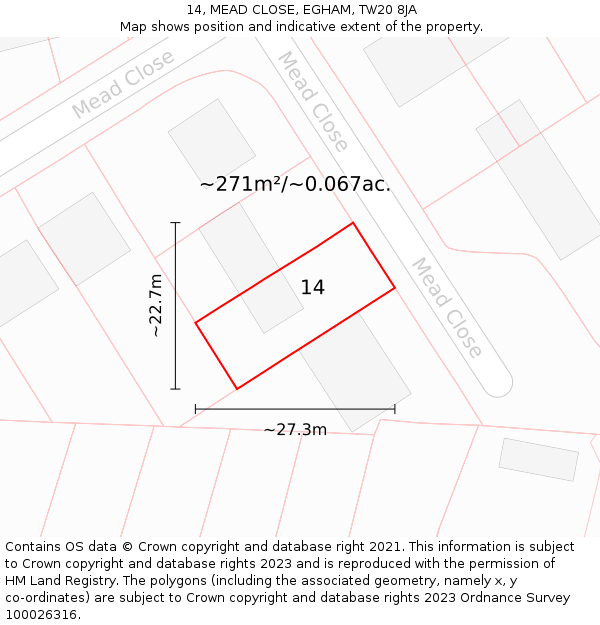 14, MEAD CLOSE, EGHAM, TW20 8JA: Plot and title map