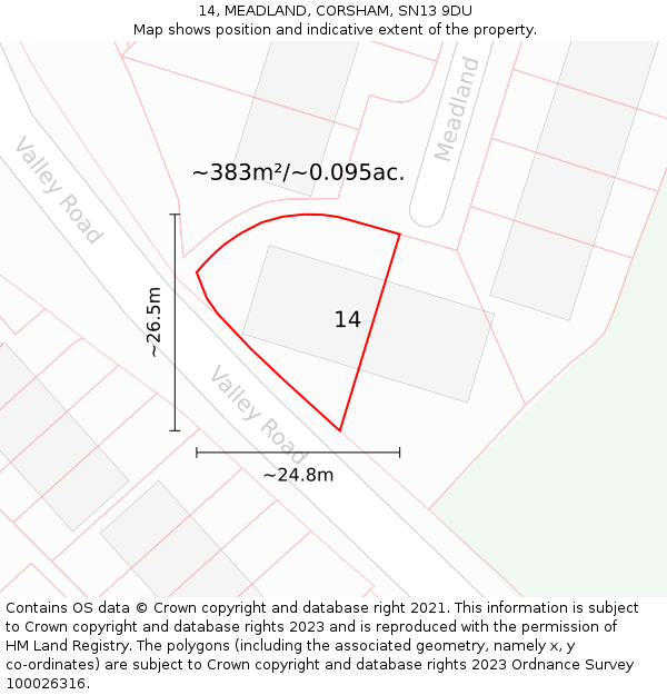 14, MEADLAND, CORSHAM, SN13 9DU: Plot and title map