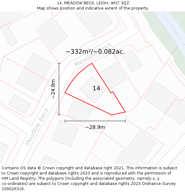 14, MEADOW BECK, LEIGH, WN7 3QZ: Plot and title map