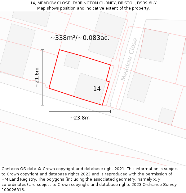 14, MEADOW CLOSE, FARRINGTON GURNEY, BRISTOL, BS39 6UY: Plot and title map