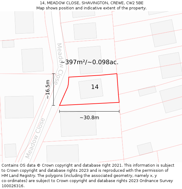 14, MEADOW CLOSE, SHAVINGTON, CREWE, CW2 5BE: Plot and title map