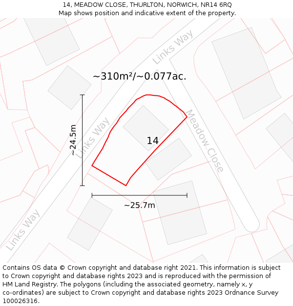 14, MEADOW CLOSE, THURLTON, NORWICH, NR14 6RQ: Plot and title map