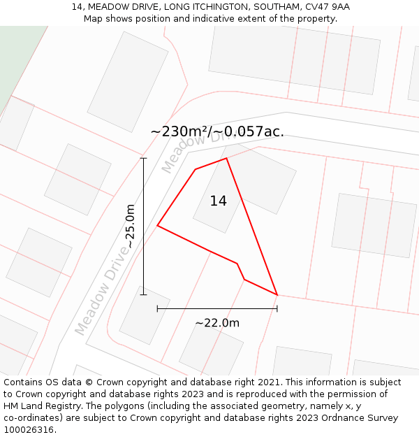 14, MEADOW DRIVE, LONG ITCHINGTON, SOUTHAM, CV47 9AA: Plot and title map