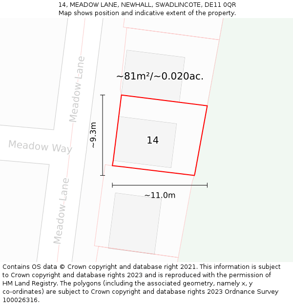 14, MEADOW LANE, NEWHALL, SWADLINCOTE, DE11 0QR: Plot and title map