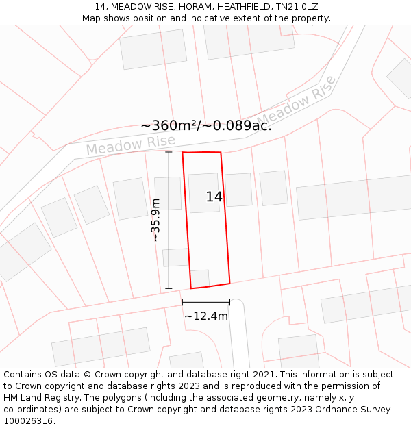 14, MEADOW RISE, HORAM, HEATHFIELD, TN21 0LZ: Plot and title map