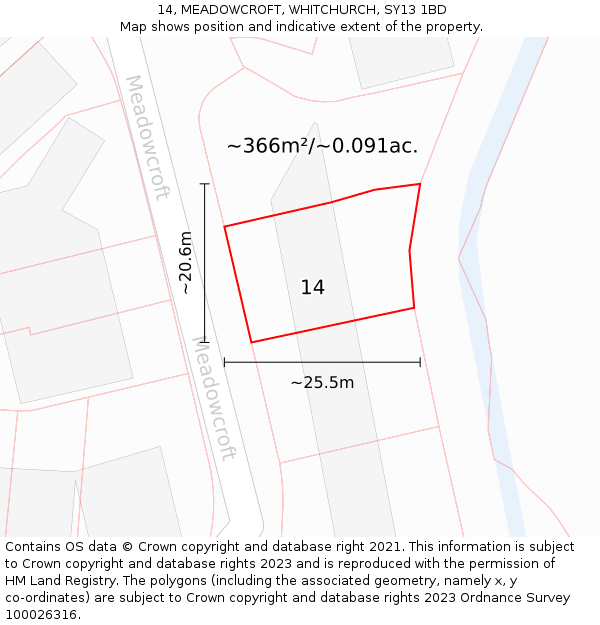 14, MEADOWCROFT, WHITCHURCH, SY13 1BD: Plot and title map