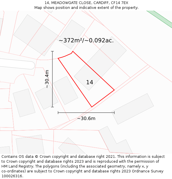 14, MEADOWGATE CLOSE, CARDIFF, CF14 7EX: Plot and title map