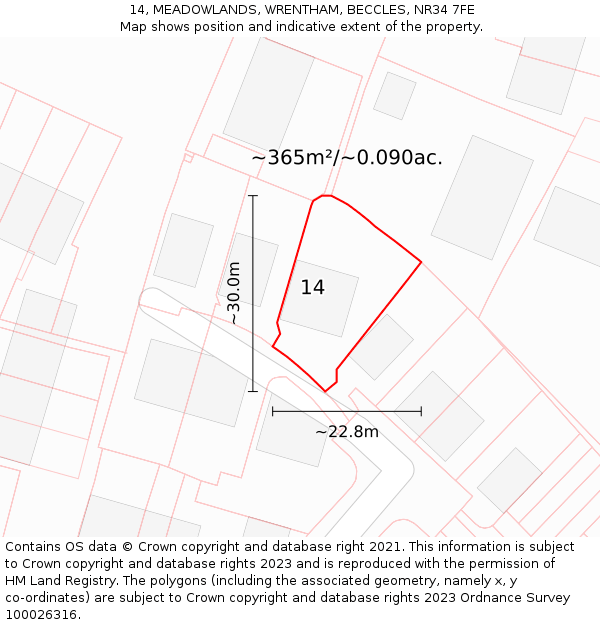 14, MEADOWLANDS, WRENTHAM, BECCLES, NR34 7FE: Plot and title map