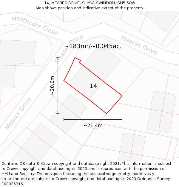 14, MEARES DRIVE, SHAW, SWINDON, SN5 5QW: Plot and title map