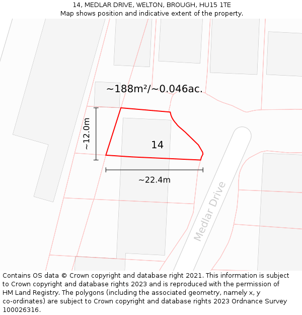 14, MEDLAR DRIVE, WELTON, BROUGH, HU15 1TE: Plot and title map