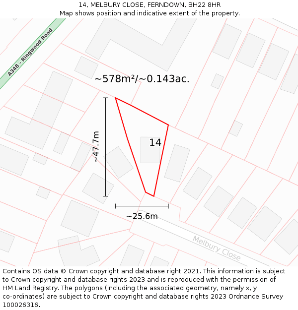 14, MELBURY CLOSE, FERNDOWN, BH22 8HR: Plot and title map