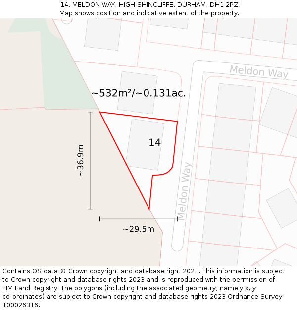 14, MELDON WAY, HIGH SHINCLIFFE, DURHAM, DH1 2PZ: Plot and title map