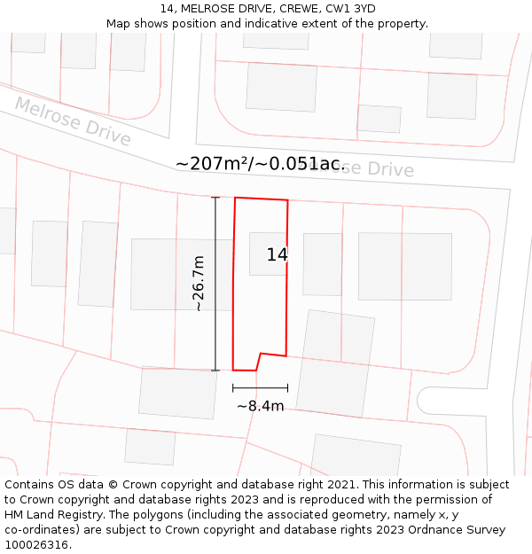 14, MELROSE DRIVE, CREWE, CW1 3YD: Plot and title map