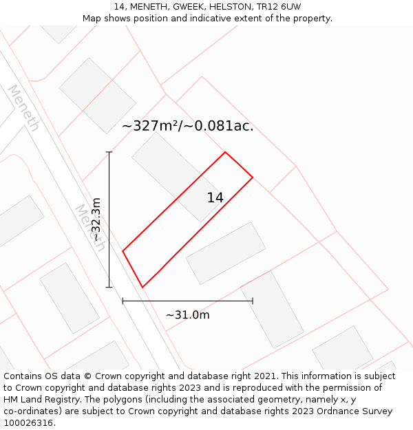 14, MENETH, GWEEK, HELSTON, TR12 6UW: Plot and title map