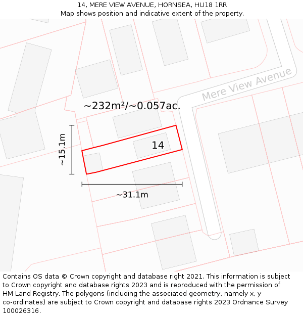 14, MERE VIEW AVENUE, HORNSEA, HU18 1RR: Plot and title map