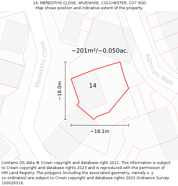 14, MEREDITHS CLOSE, WIVENHOE, COLCHESTER, CO7 9GD: Plot and title map