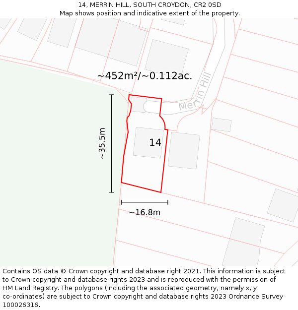 14, MERRIN HILL, SOUTH CROYDON, CR2 0SD: Plot and title map