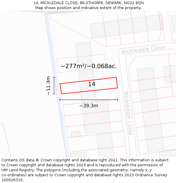 14, MICKLEDALE CLOSE, BILSTHORPE, NEWARK, NG22 8QN: Plot and title map