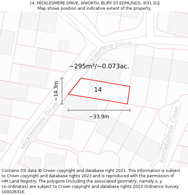 14, MICKLESMERE DRIVE, IXWORTH, BURY ST EDMUNDS, IP31 2UJ: Plot and title map