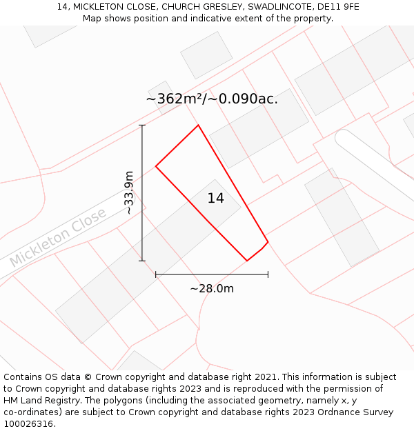 14, MICKLETON CLOSE, CHURCH GRESLEY, SWADLINCOTE, DE11 9FE: Plot and title map