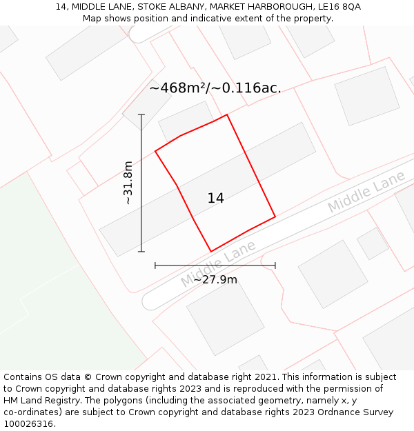 14, MIDDLE LANE, STOKE ALBANY, MARKET HARBOROUGH, LE16 8QA: Plot and title map
