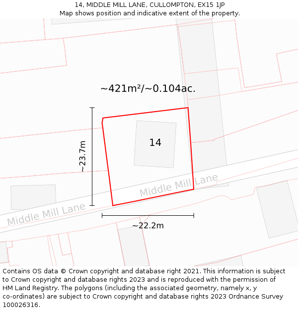 14, MIDDLE MILL LANE, CULLOMPTON, EX15 1JP: Plot and title map