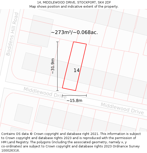 14, MIDDLEWOOD DRIVE, STOCKPORT, SK4 2DF: Plot and title map