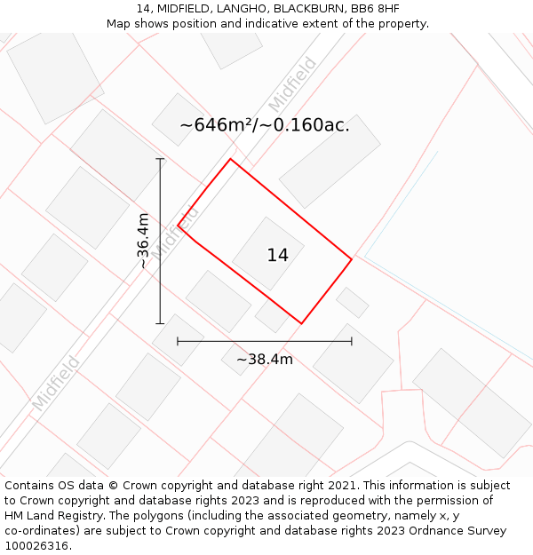 14, MIDFIELD, LANGHO, BLACKBURN, BB6 8HF: Plot and title map