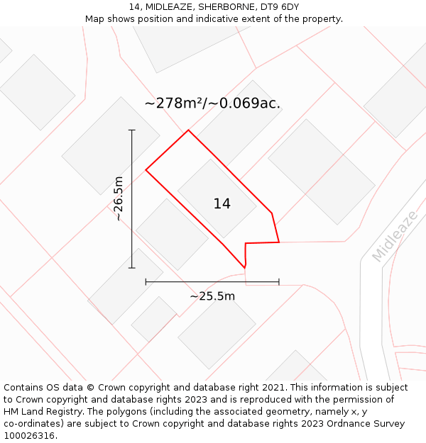 14, MIDLEAZE, SHERBORNE, DT9 6DY: Plot and title map