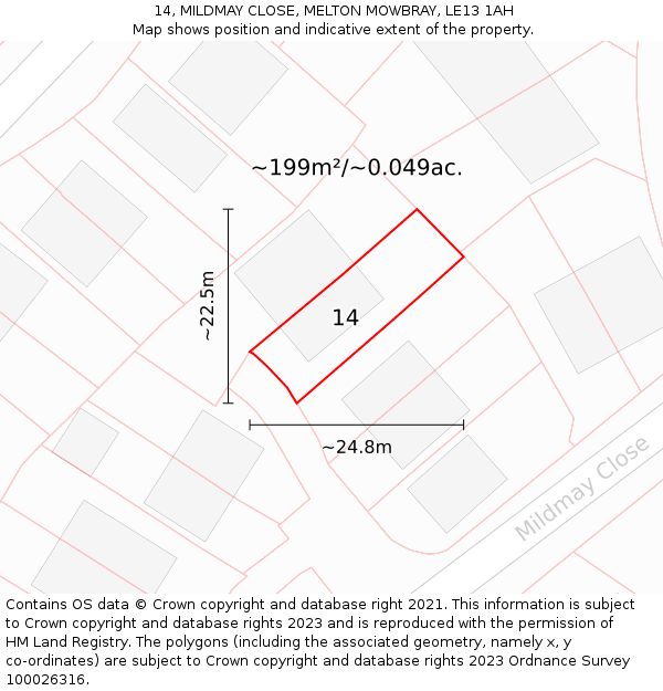 14, MILDMAY CLOSE, MELTON MOWBRAY, LE13 1AH: Plot and title map