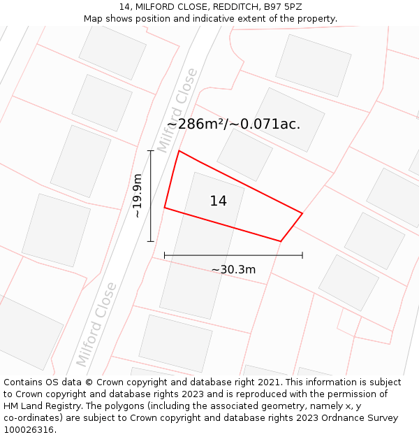 14, MILFORD CLOSE, REDDITCH, B97 5PZ: Plot and title map