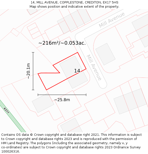 14, MILL AVENUE, COPPLESTONE, CREDITON, EX17 5HS: Plot and title map