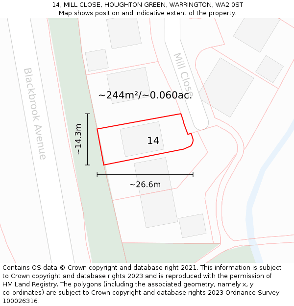 14, MILL CLOSE, HOUGHTON GREEN, WARRINGTON, WA2 0ST: Plot and title map