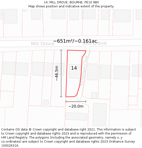 14, MILL DROVE, BOURNE, PE10 9BX: Plot and title map