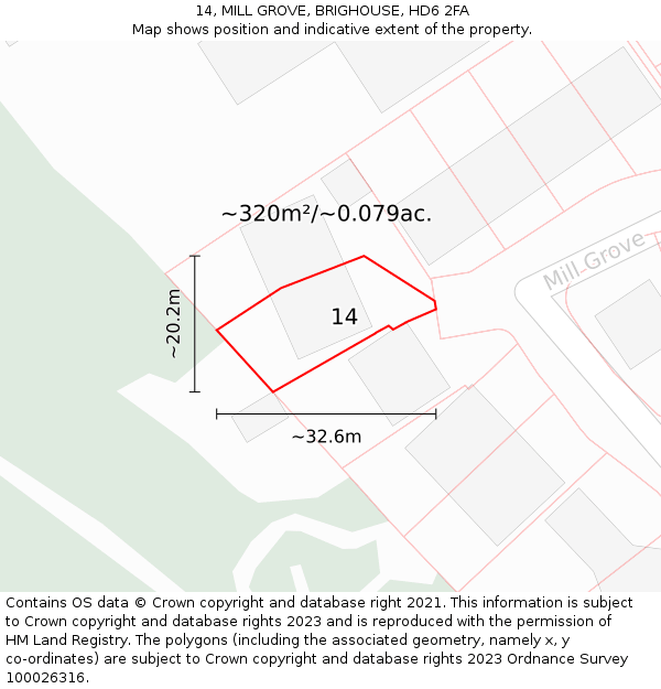 14, MILL GROVE, BRIGHOUSE, HD6 2FA: Plot and title map