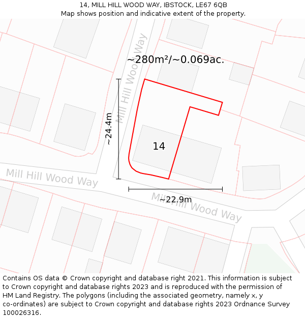 14, MILL HILL WOOD WAY, IBSTOCK, LE67 6QB: Plot and title map