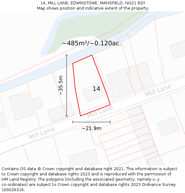 14, MILL LANE, EDWINSTOWE, MANSFIELD, NG21 9QY: Plot and title map