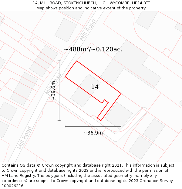 14, MILL ROAD, STOKENCHURCH, HIGH WYCOMBE, HP14 3TT: Plot and title map