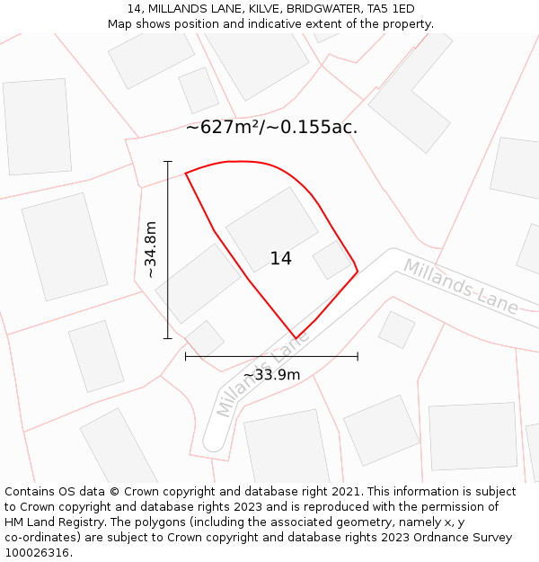 14, MILLANDS LANE, KILVE, BRIDGWATER, TA5 1ED: Plot and title map