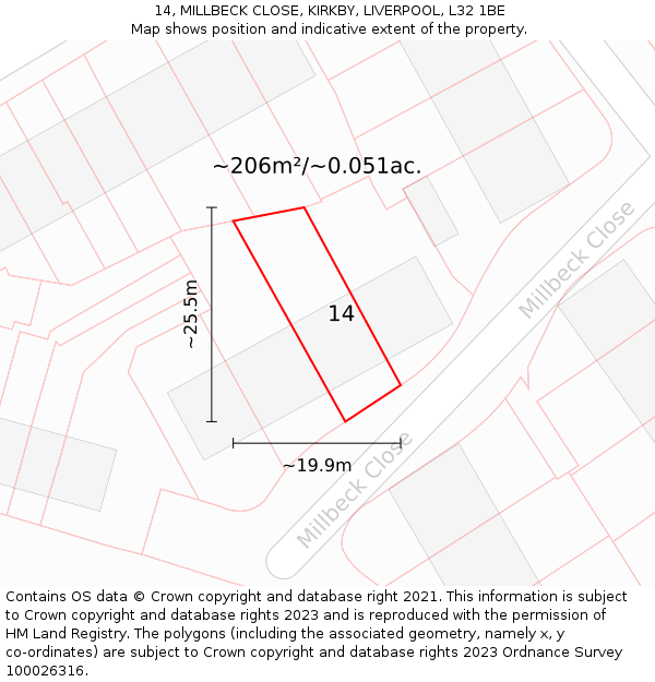 14, MILLBECK CLOSE, KIRKBY, LIVERPOOL, L32 1BE: Plot and title map