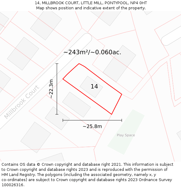 14, MILLBROOK COURT, LITTLE MILL, PONTYPOOL, NP4 0HT: Plot and title map