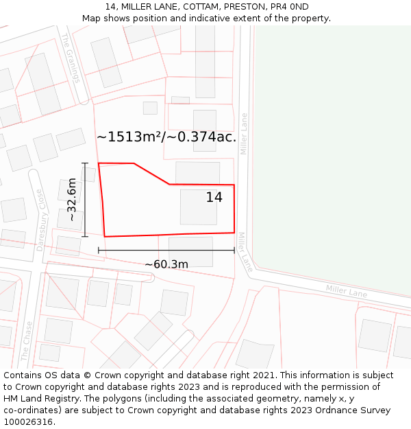 14, MILLER LANE, COTTAM, PRESTON, PR4 0ND: Plot and title map