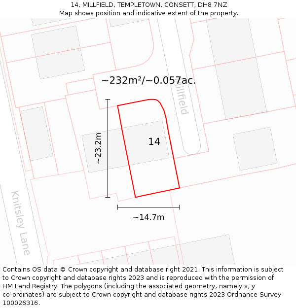 14, MILLFIELD, TEMPLETOWN, CONSETT, DH8 7NZ: Plot and title map