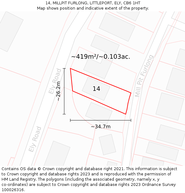 14, MILLPIT FURLONG, LITTLEPORT, ELY, CB6 1HT: Plot and title map