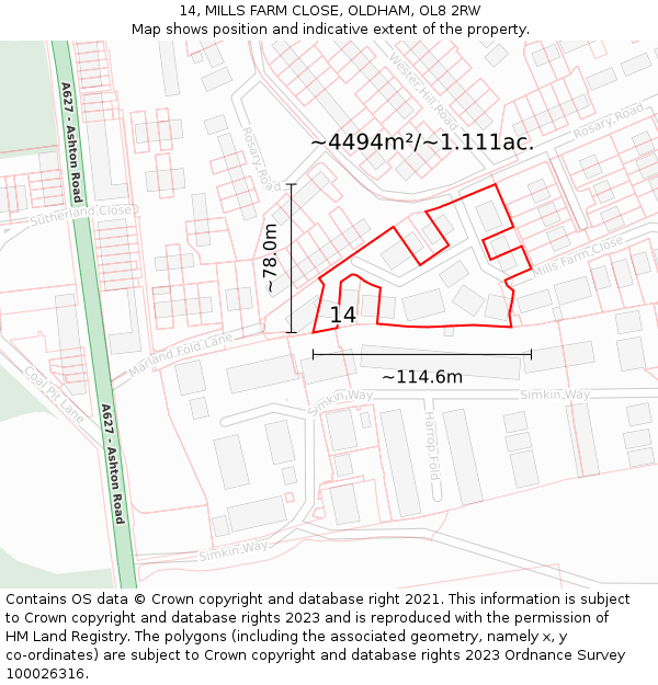 14, MILLS FARM CLOSE, OLDHAM, OL8 2RW: Plot and title map