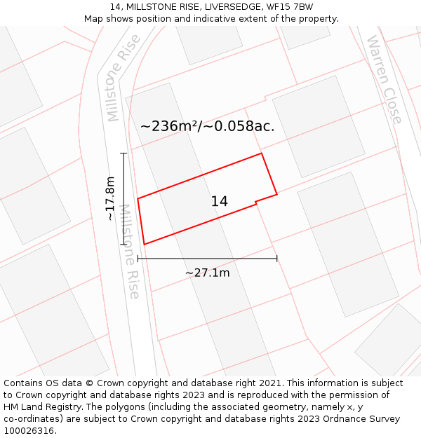 14, MILLSTONE RISE, LIVERSEDGE, WF15 7BW: Plot and title map