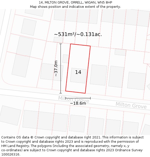 14, MILTON GROVE, ORRELL, WIGAN, WN5 8HP: Plot and title map