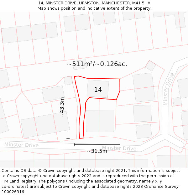 14, MINSTER DRIVE, URMSTON, MANCHESTER, M41 5HA: Plot and title map