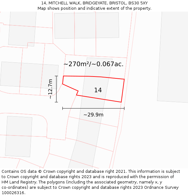 14, MITCHELL WALK, BRIDGEYATE, BRISTOL, BS30 5XY: Plot and title map