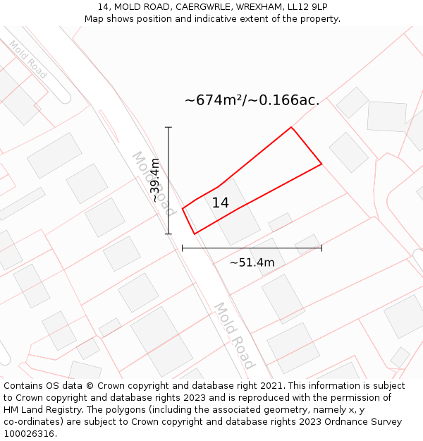 14, MOLD ROAD, CAERGWRLE, WREXHAM, LL12 9LP: Plot and title map